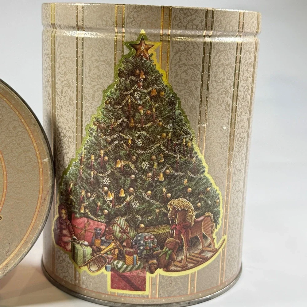 VTG Christmas Tin‎ Holiday Cookie Canister Gold Victorian Tree Rocking Horse 8